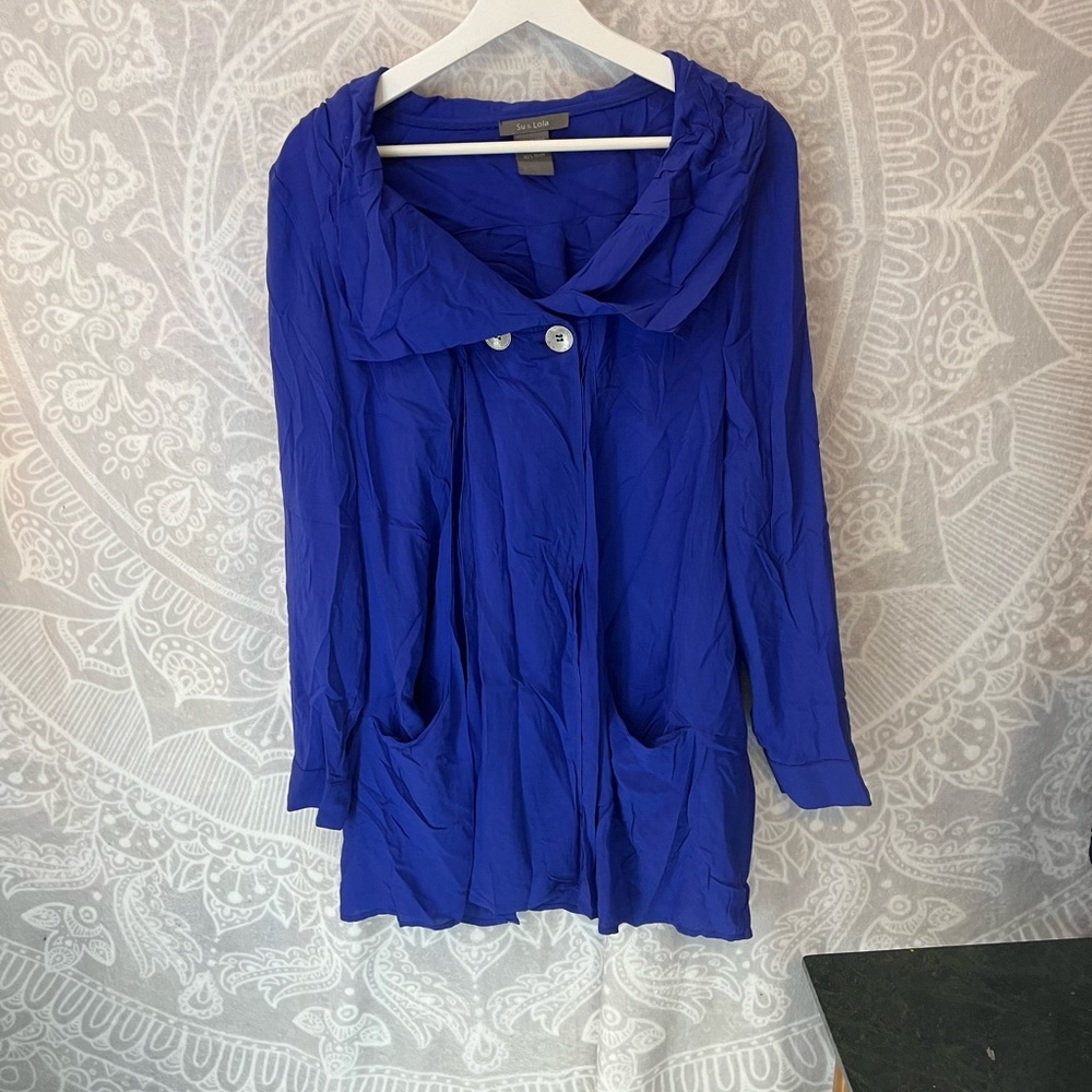 ROYAL BLUE ART SMOCK STYLE TOP WITH POCKETS TEACHER OVERSIZED FLOWY TWO BUTTON